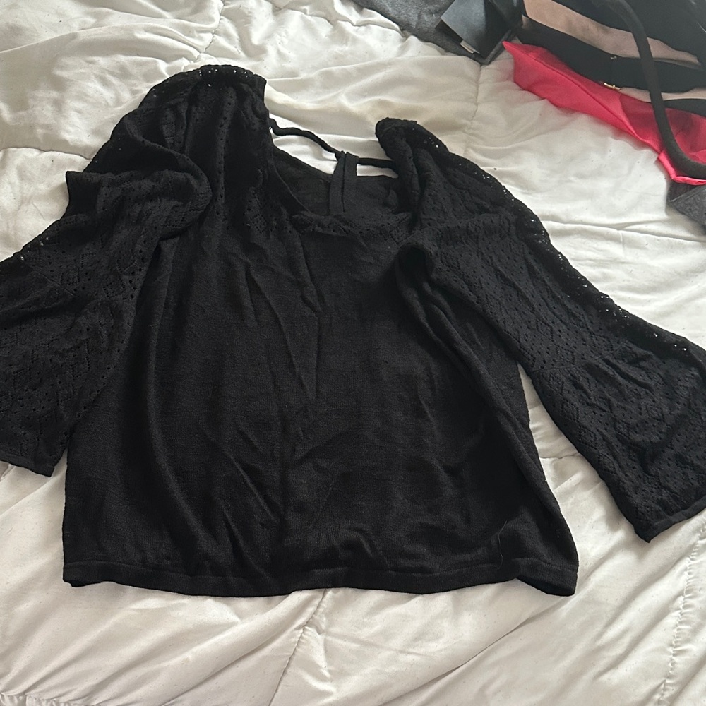 august silk Black Eyelet-Sleeve Scoop Neck Sweater